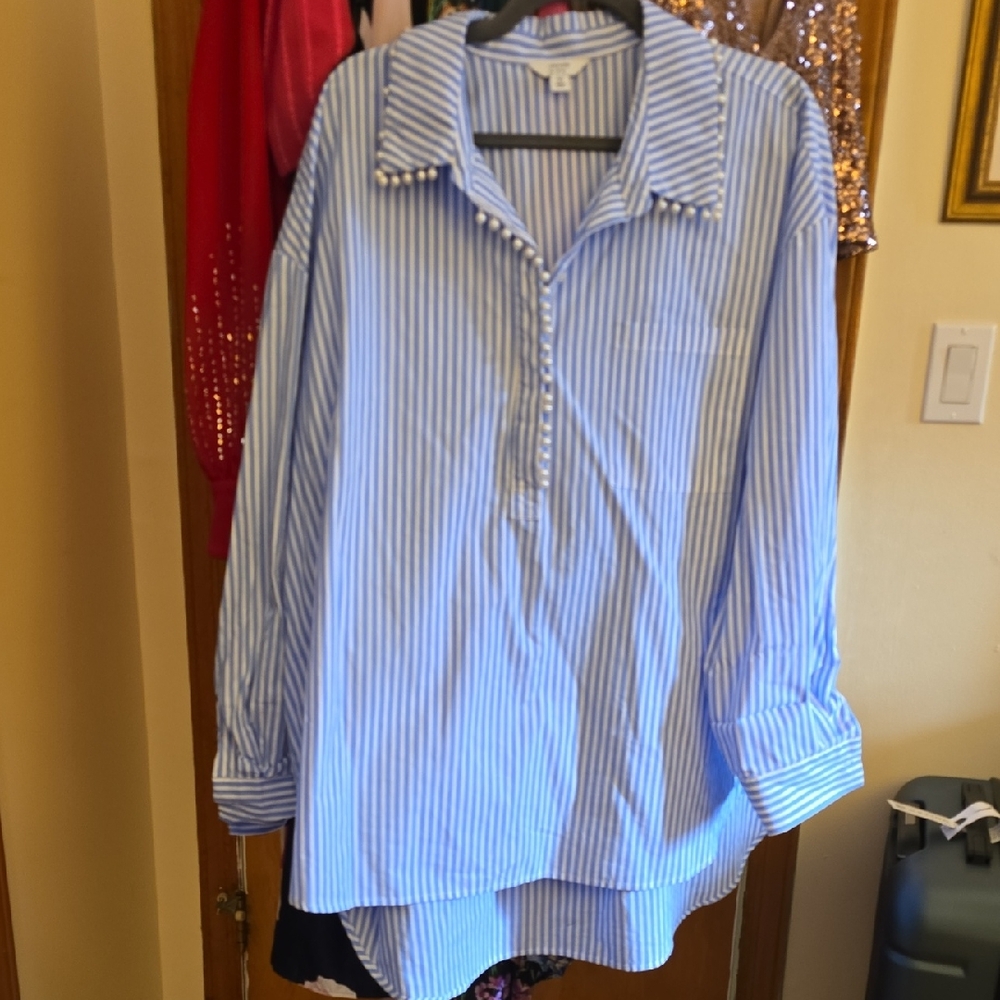 Crown & Ivy Blue Striped Women's Top